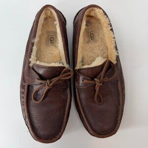 UGG Men’s Leather Moccasin Slippers Brown Shearling Lined Lace Up US 11